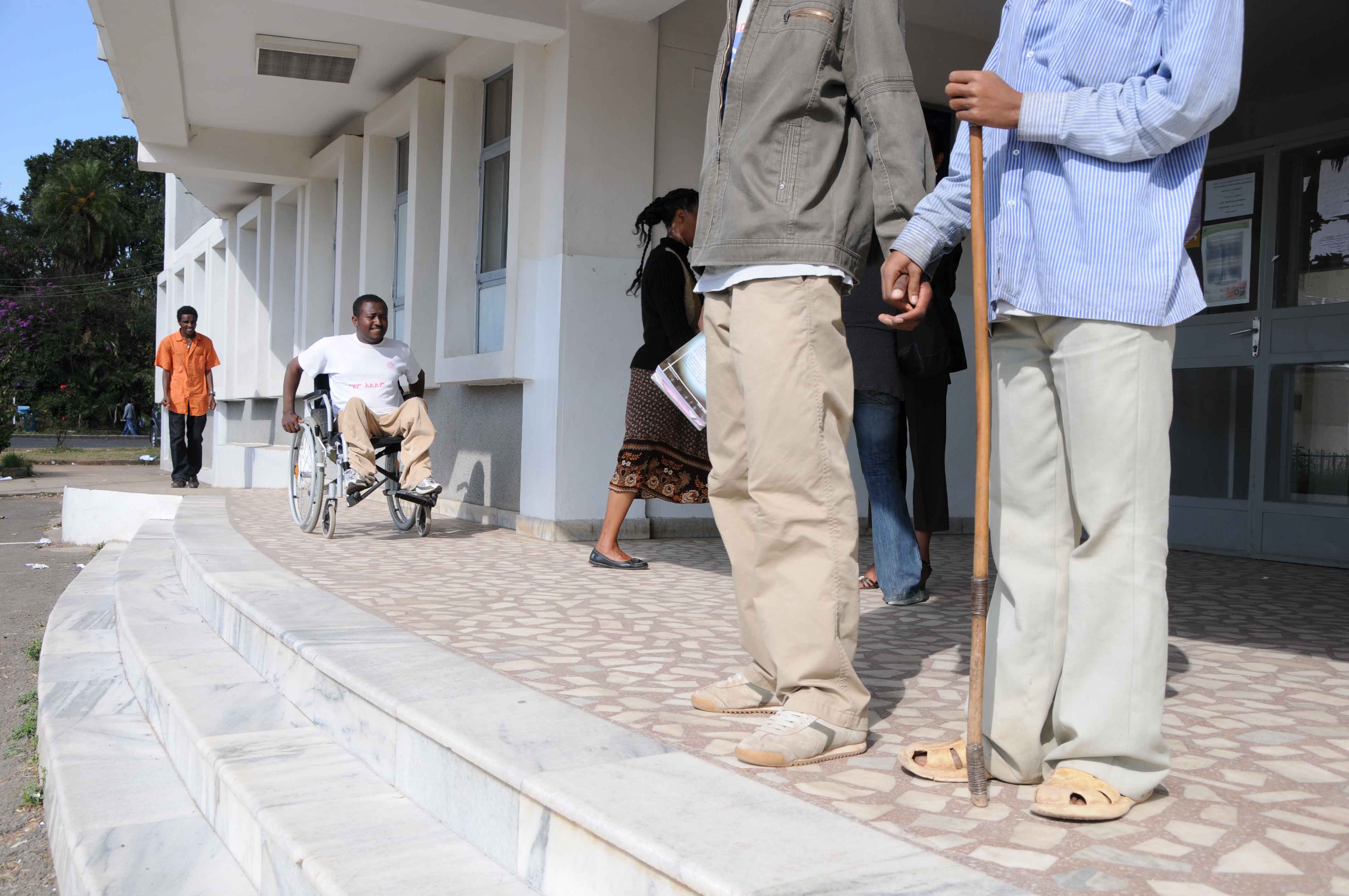 People with and without disabilities entering a university in Addis Ababa. 