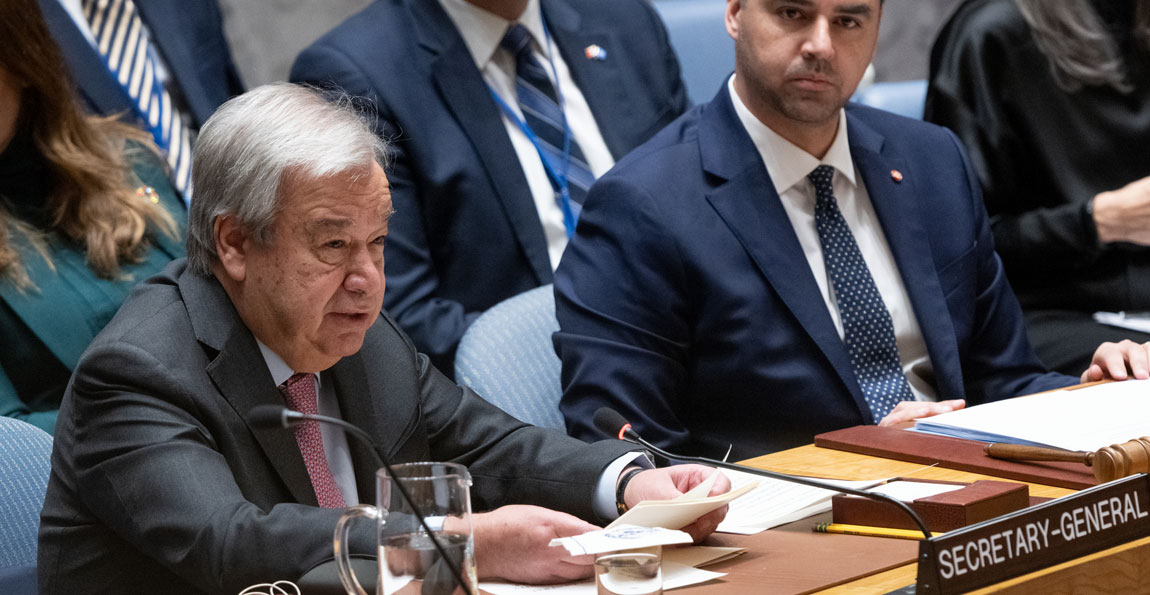 Secretary-General Antnio Guterres (left) addresses the Security Council meeting on the situation in Gaza. UN Photo/Eskinder Debebe
