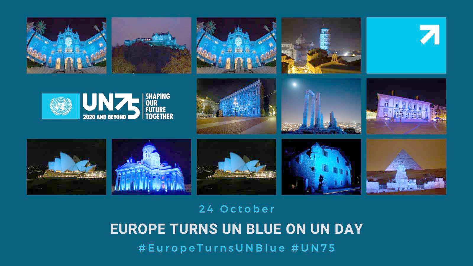 Images of emblematic buildings around the world lit up in blue light.