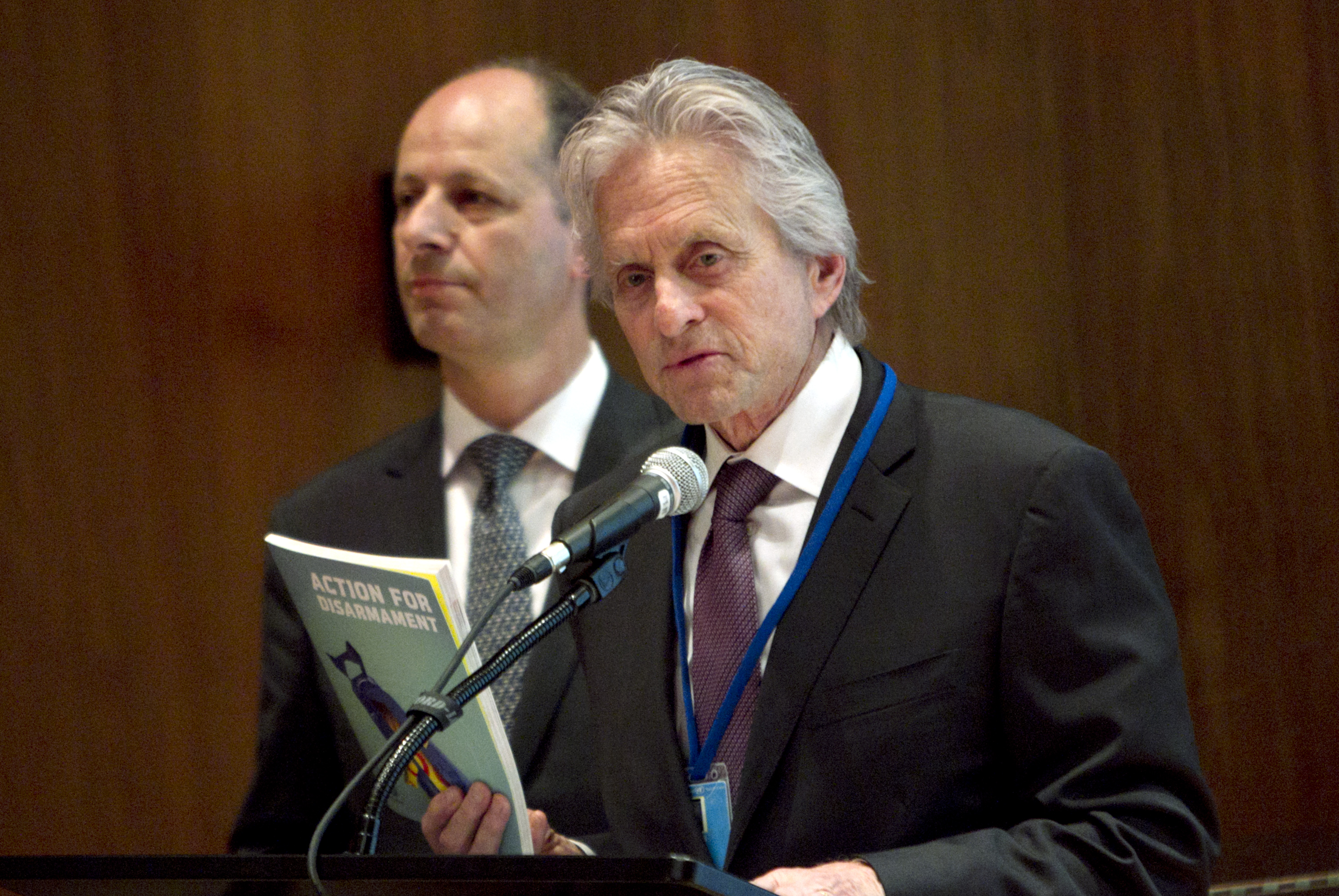 UN Messenger of Peace Michael Douglas speaks during a special event at UN headquarters to launch a book entitled, Action for Disarmament: 10 Things You Can Do!/UN Photo/Devra Berkowitz
