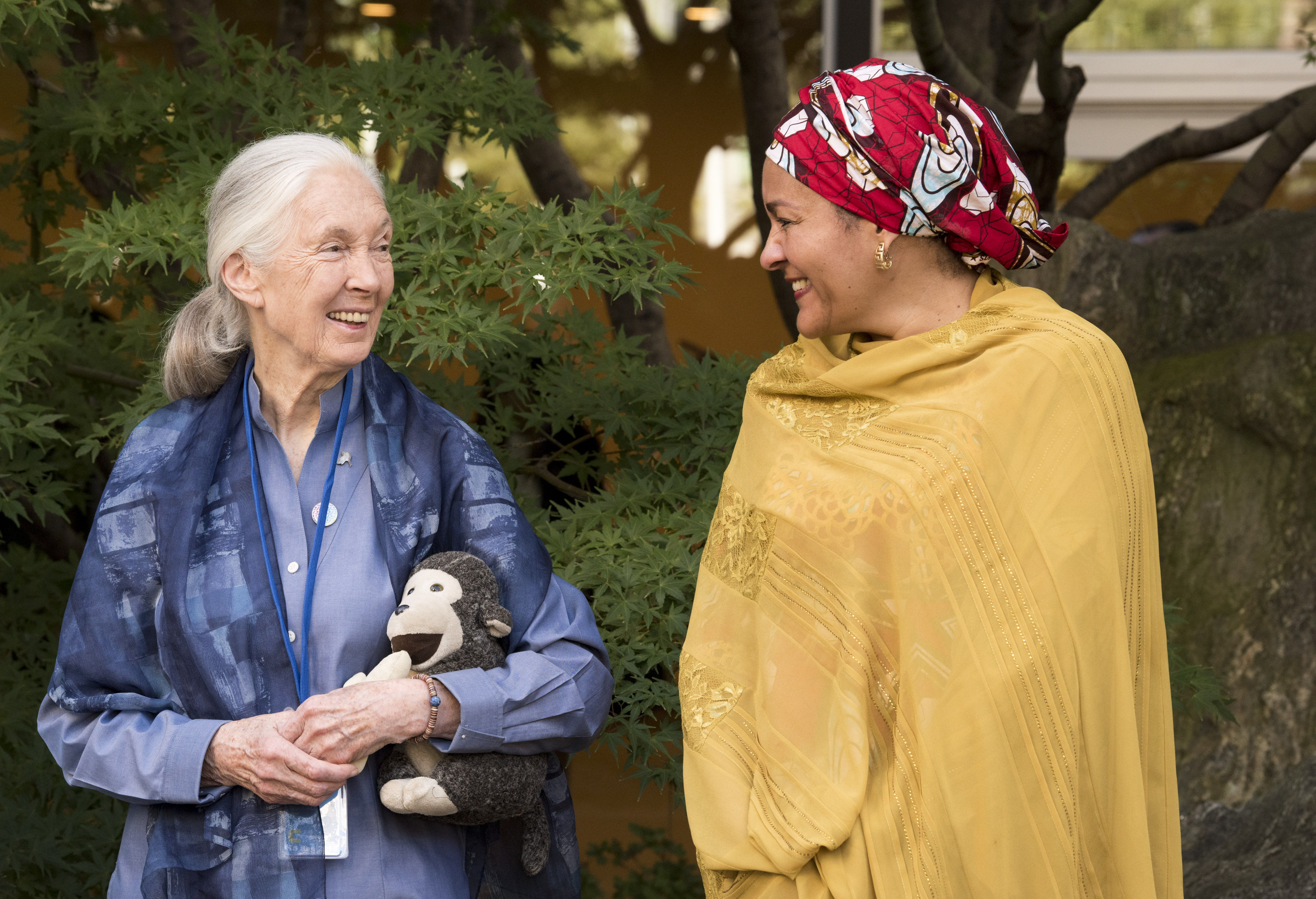 UN Messenger of Peace Jane Goodall with Deputy Secretary-General Amina Mohammed during the annual Peace Bell Ceremony held at 51Թ headquarters in observance of the International Day of Peace (21 September). 15 Sep 2017/UN Photo/Kim Haughton