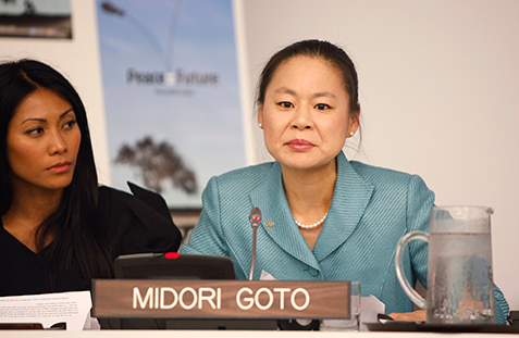 Midori addresses the annual student observance at the International Day of Peace at UN Headquarters in New York in 2010. UN Photo/Paulo