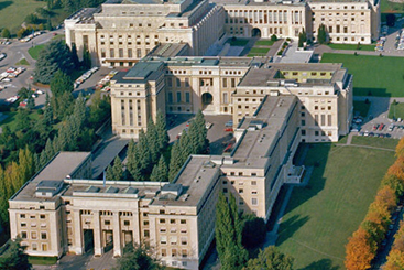 An aerial view of the Palais des Nations in Geneva
