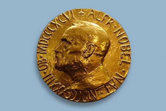 The Nobel Peace Prize medal on a light blue background.