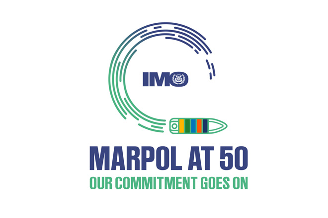 Logo commemorating the 50th anniversary of the International Convention for the Prevention of Pollution from Ships.