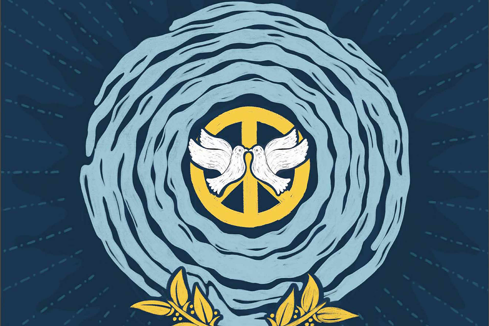 Illustration depicting water waves around a peace icon with two pigeons.