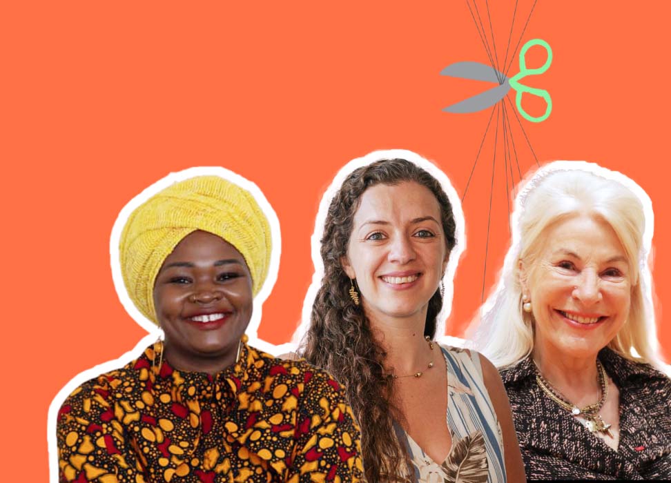 three smiling women outlined on an orange background