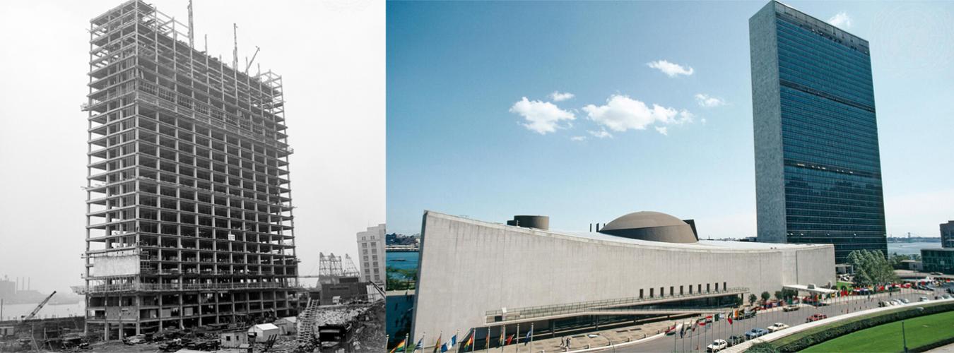 Le b?timent du 𳦰ٲ de l'ONU ( gauche) en cours de construction  New York en 1949. ? droite, les b?timents du 𳦰ٲ et de l'Assemble gnrale quatre dcennies plus tard, en 1990.