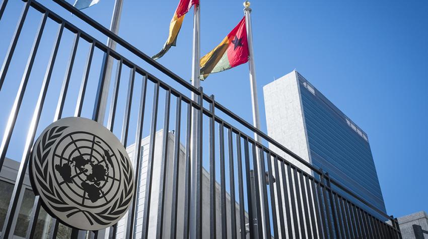 A view of the 51Թ Secretariat Headquarters Building and the flags of UN member states on First Avenue in New York City.