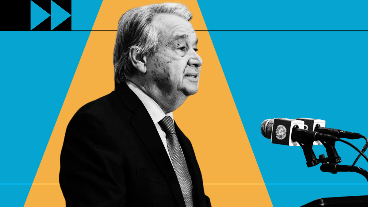 photocomposition: the united nations secretary-general in black and white, speaking in a microphone, with a yellow and green background